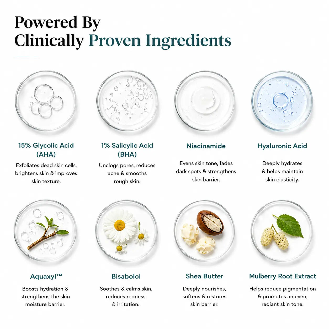 Image showcasing Key ingredients used in Da Membrane AHA, BHA body lotion. It includes Glycolic Acid, Salicylic Acid, Niacinamide, Hyaluronic Acid, Aquaxyl, Bisabolol, Shea Butter, and Mulberry Root Extract.