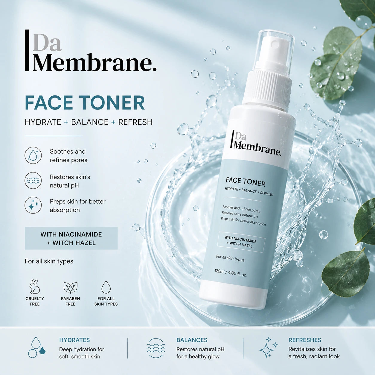 Da Membrane Daily Brightening Face Toner with Cica & Niacinamide - 100ml