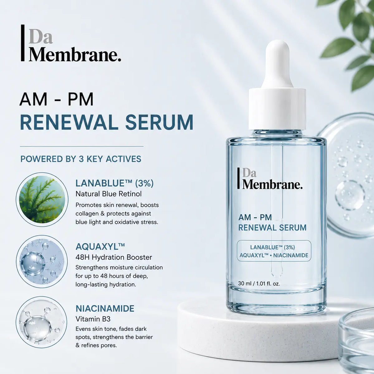 Da Membrane AM-PM Renewal Serum is powered by 3 key actives lanablue, Aquaxyl, and Niacinamide