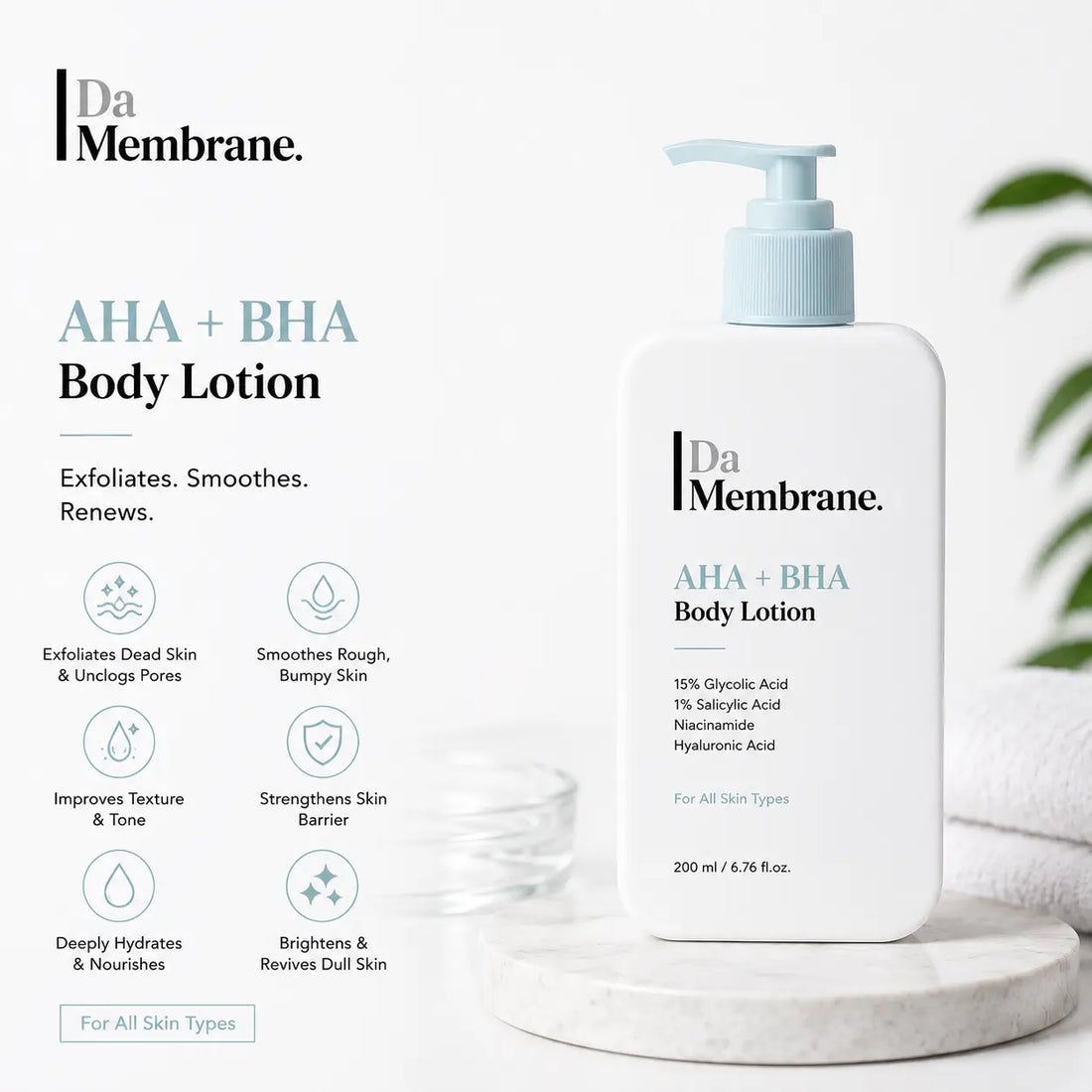 A bottle of Da Membrane AHA + BHA Body Lotion shown on a clean white background with product benefits and their associated icons on the left. 