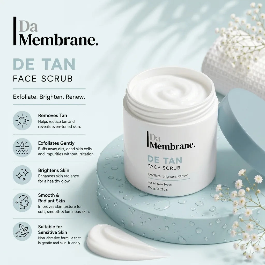 Da Membrane DE Tan Face Scrub Image describing it benefits and uses