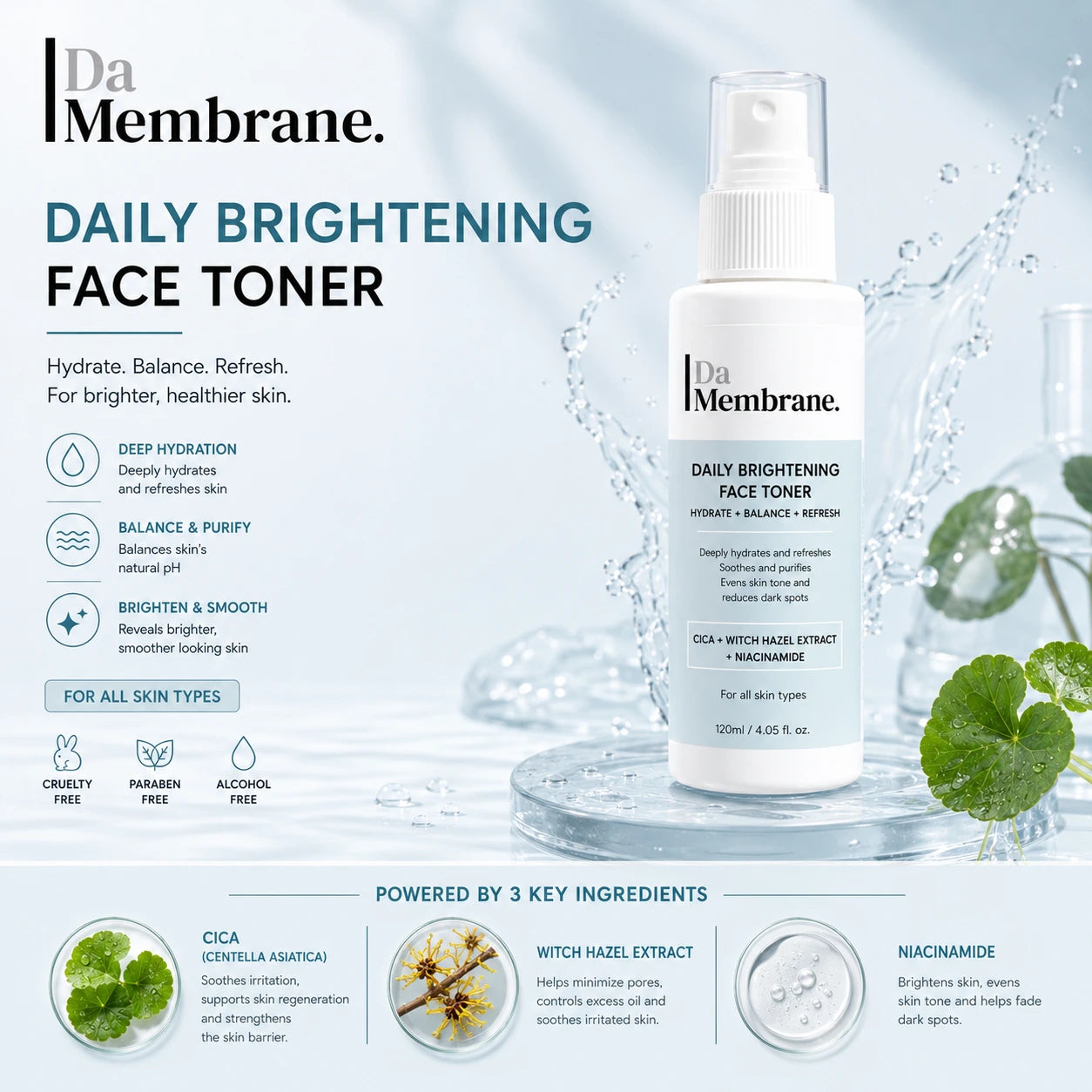 Da Membrane Daily Brightening Face Toner with Cica &amp; Niacinamide - 100ml