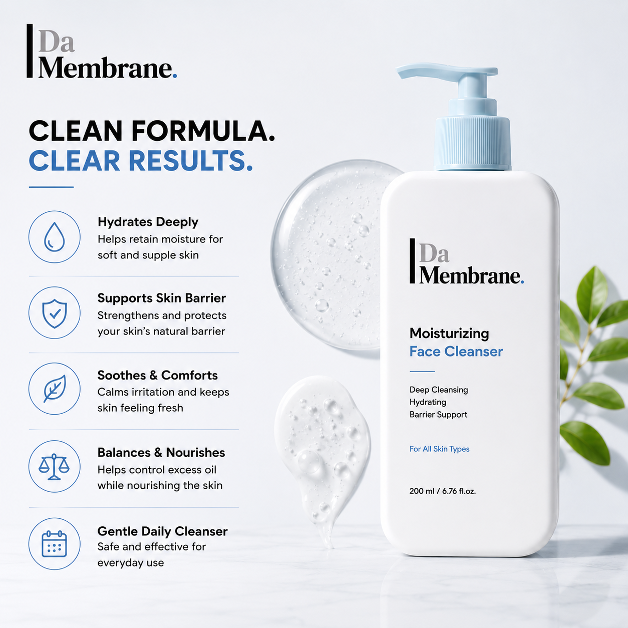 Da Membrane moisturizing face cleanser image with its Clean formulation and results