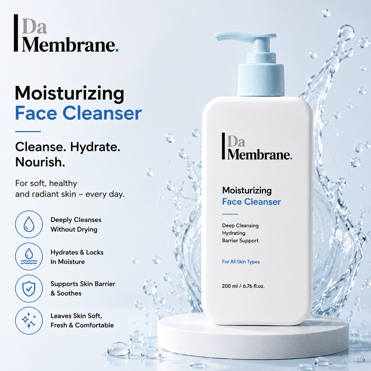 Da Membrane moisturizing face cleanser bottle showcasing its uses and benefits.