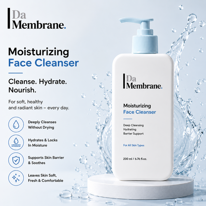 Da Membrane moisturizing face cleanser bottle showcasing its uses and benefits.