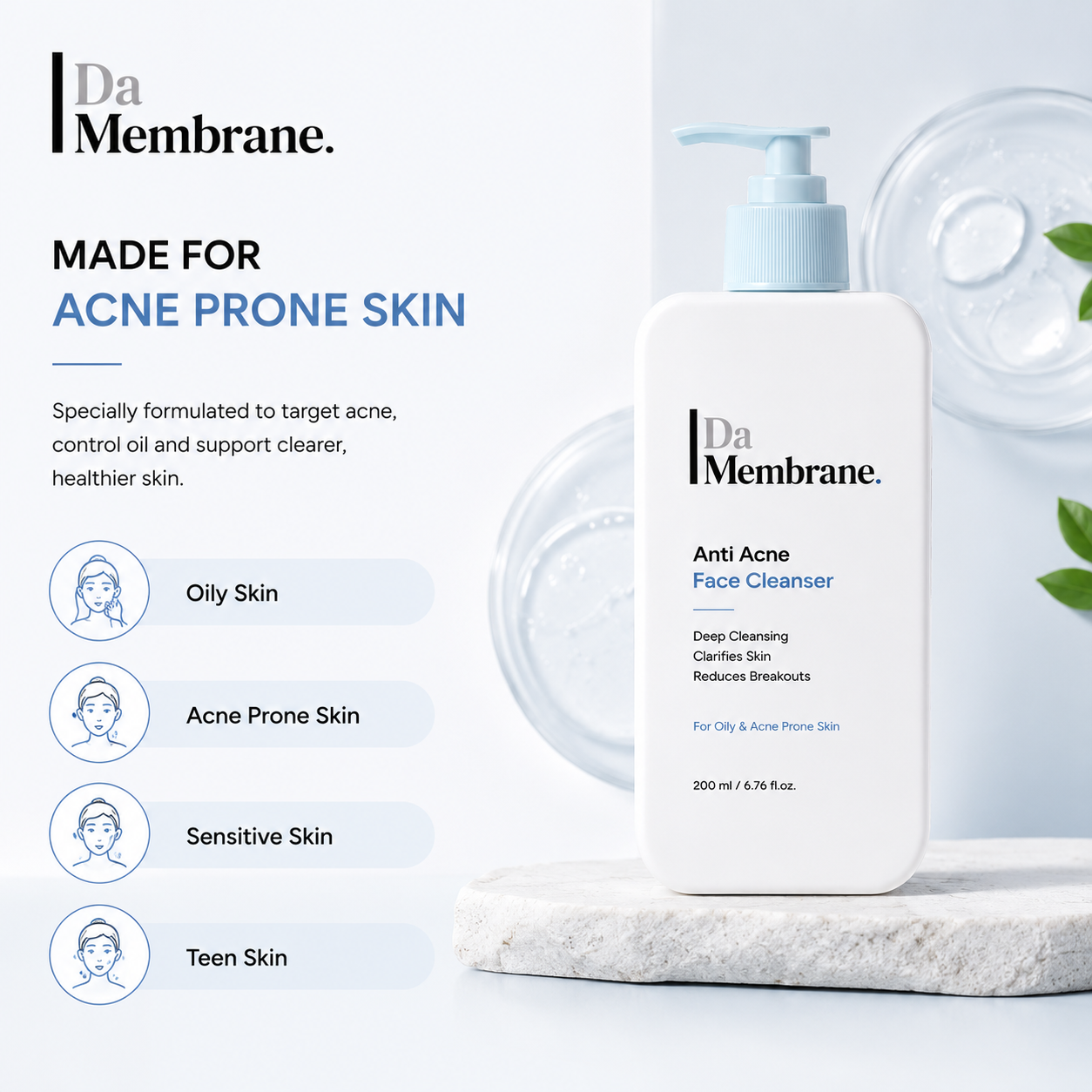 Da Membrane Anti Acne Face Cleanser bottle with product features