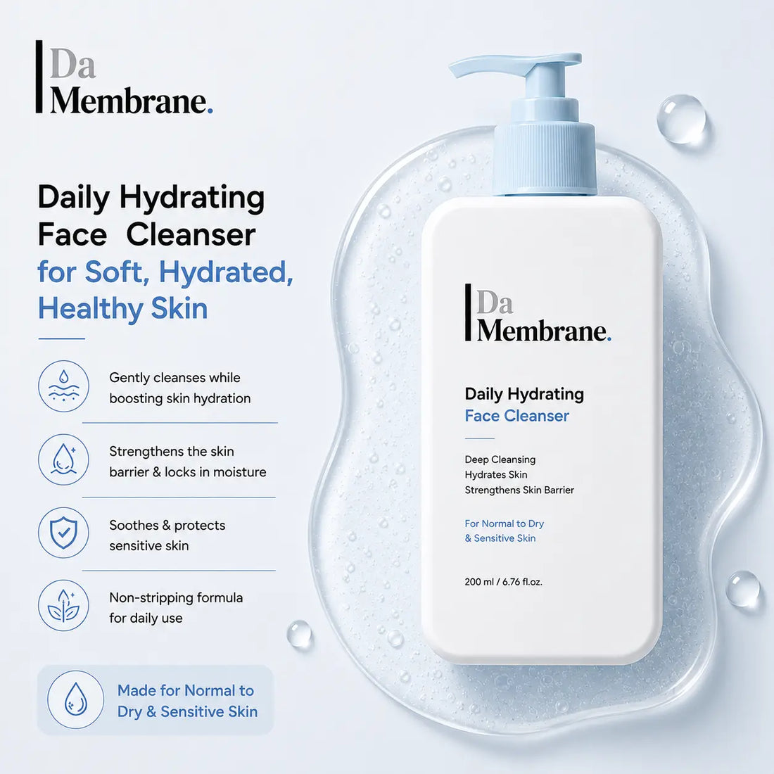 Da Membrane Daily Hydrating Face Cleanser in a white pump bottle with a light blue pump, shown inside a translucent water bubble on a pale blue background with product benefits listed on the left.