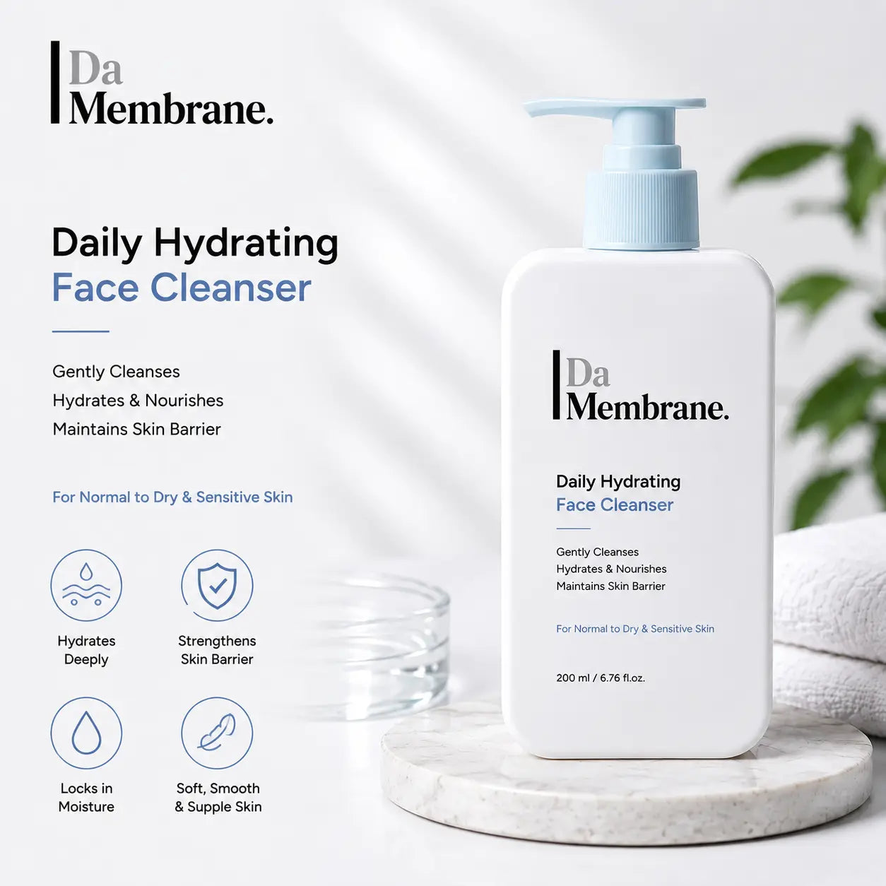 A white pump bottle of Da Membrane Daily Hydrating Face Cleanser with a light blue pump, displayed on a marble coaster next to a glass of water, with product details and icons printed on the left side of the image.