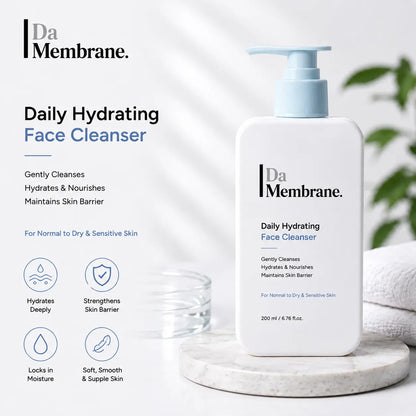 A white pump bottle of Da Membrane Daily Hydrating Face Cleanser with a light blue pump, displayed on a marble coaster next to a glass of water, with product details and icons printed on the left side of the image.